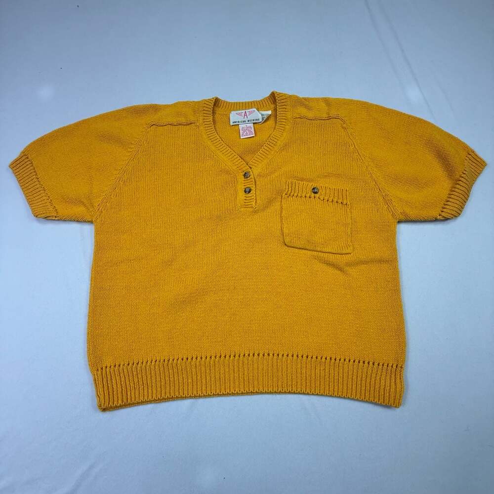 American Weekend Vintage Yellow Short Sleeve Henley Knit Sweater Size S